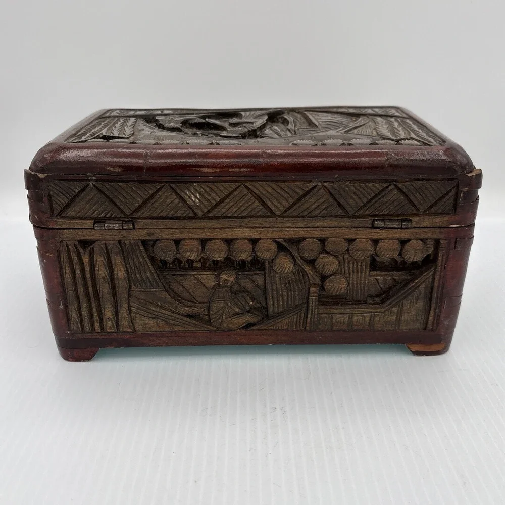 Vintage Carved Wood Jewelry Box Scene On Lid